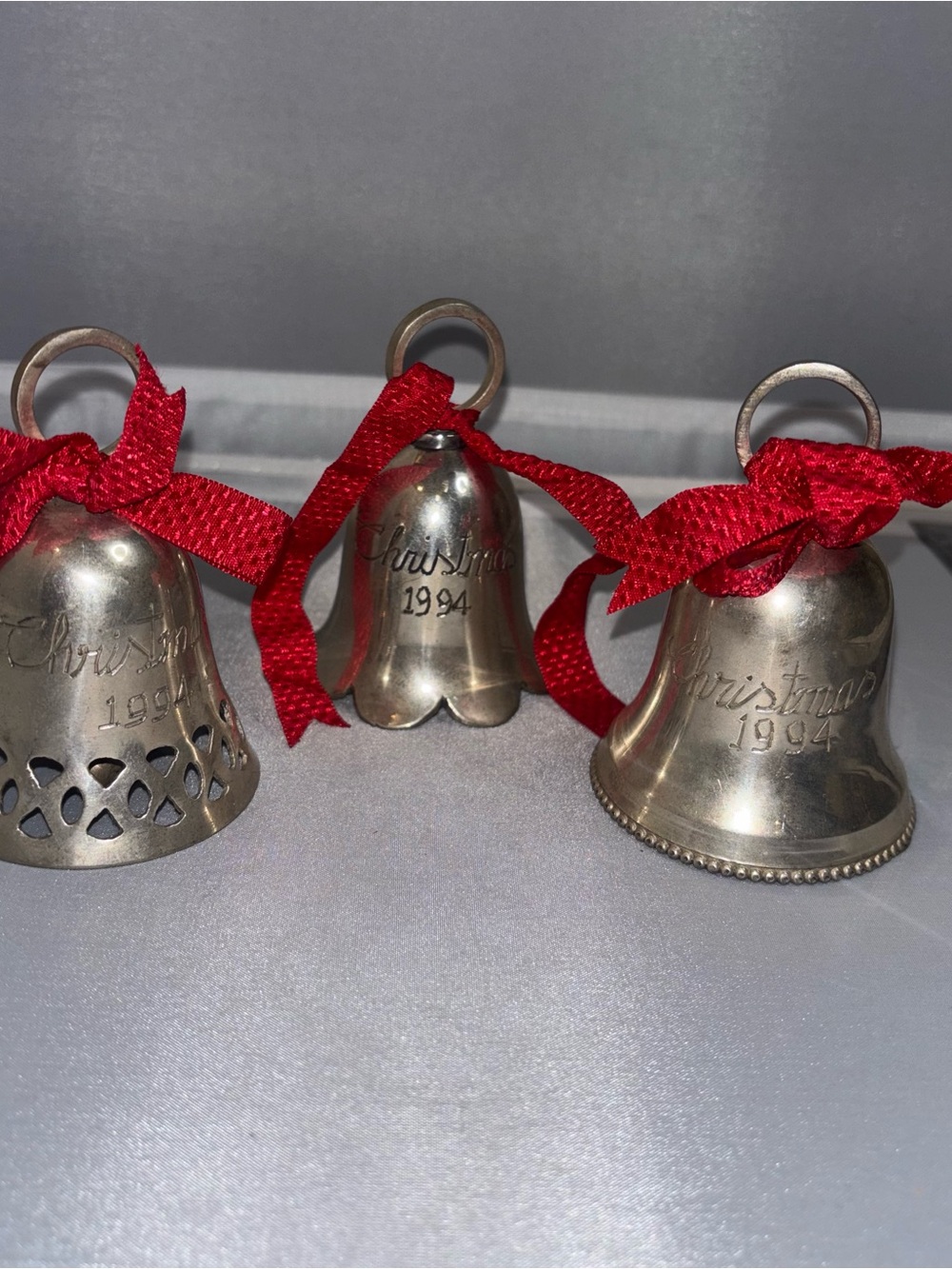 Silver Christmas Bell Ornaments handmade India (1994) - Set of 3 silver plated